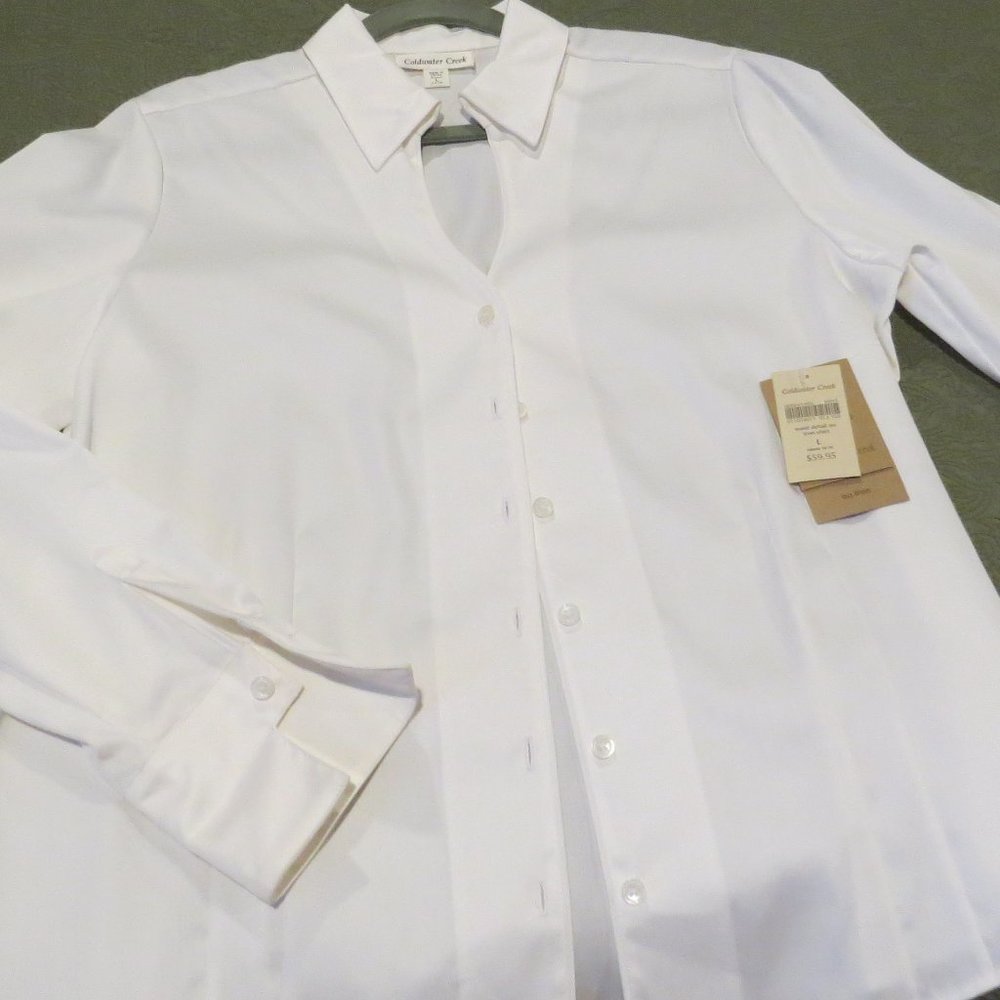 NWT  Dressy White Cotton V-neck Blouse Size Large - Coldwater Creek